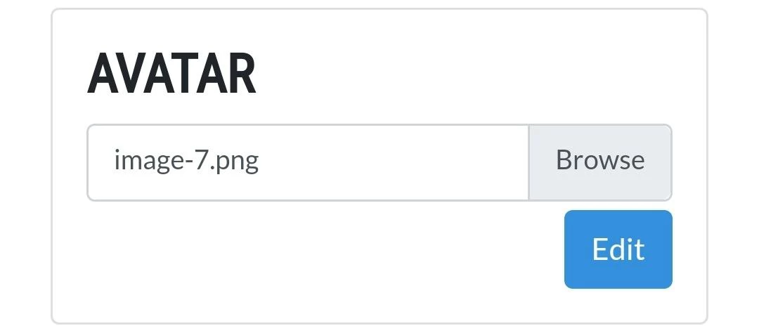 New file input for avatars with the text changed to reflect the uploaded file's name 'image-7.png'